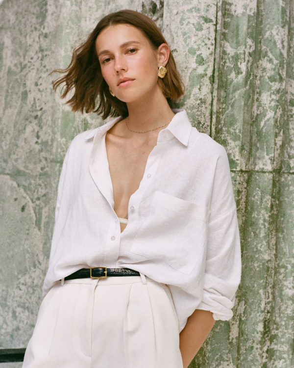 Oversized Linen-Blend Step Hem Shirt, White