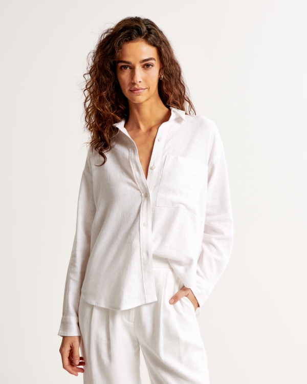 Oversized Linen-Blend Step Hem Shirt, White