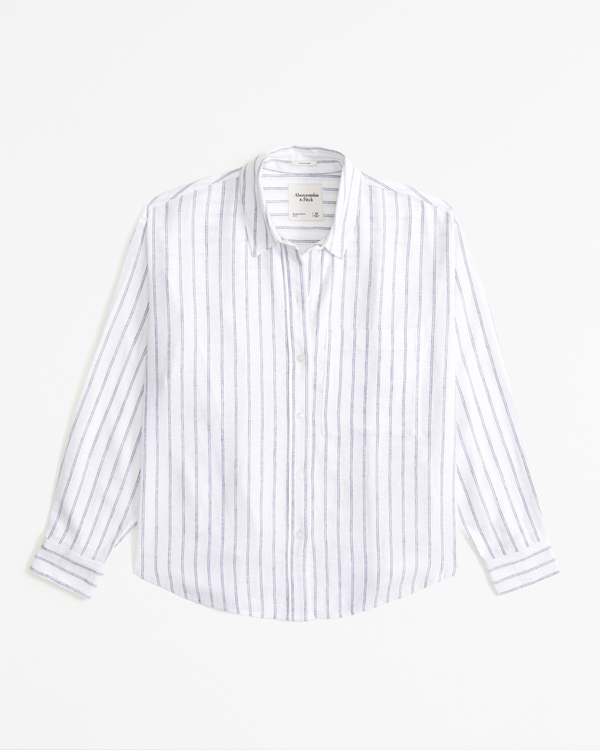 Oversized Linen-Blend Step Hem Shirt, White Stripe