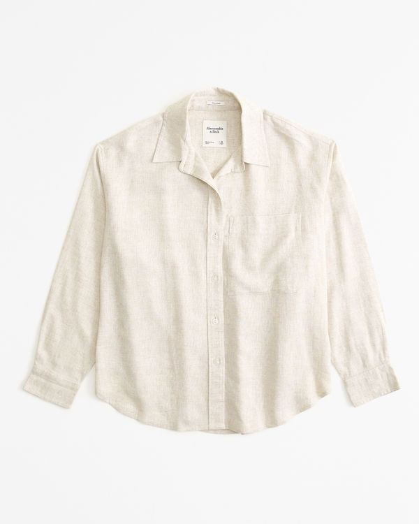 Oversized Linen-Blend Step Hem Shirt, Light Beige