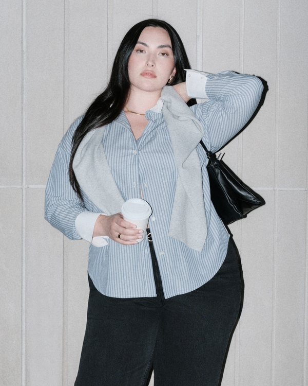 Oversized Poplin Shirt, Navy Stripe