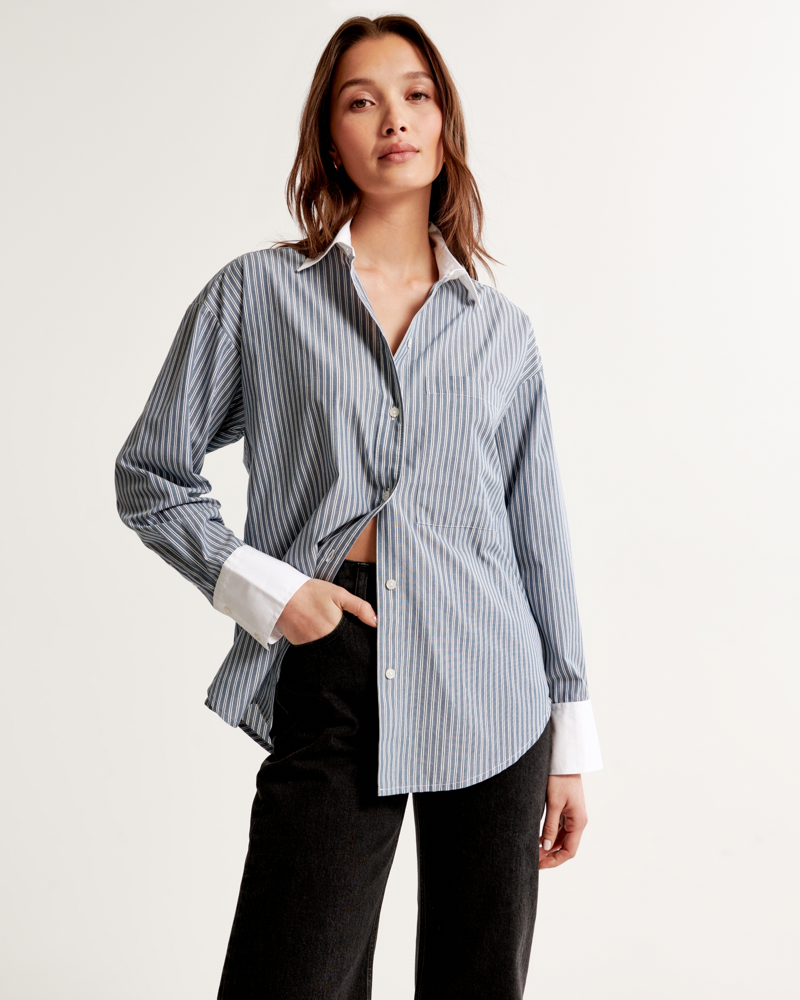 Oversized Lace-Trim Embroidered Button-Up Shirt