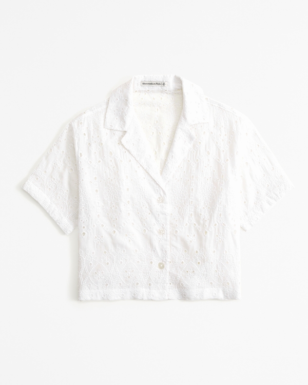Short-Sleeve Cropped Schiffli Shirt, White