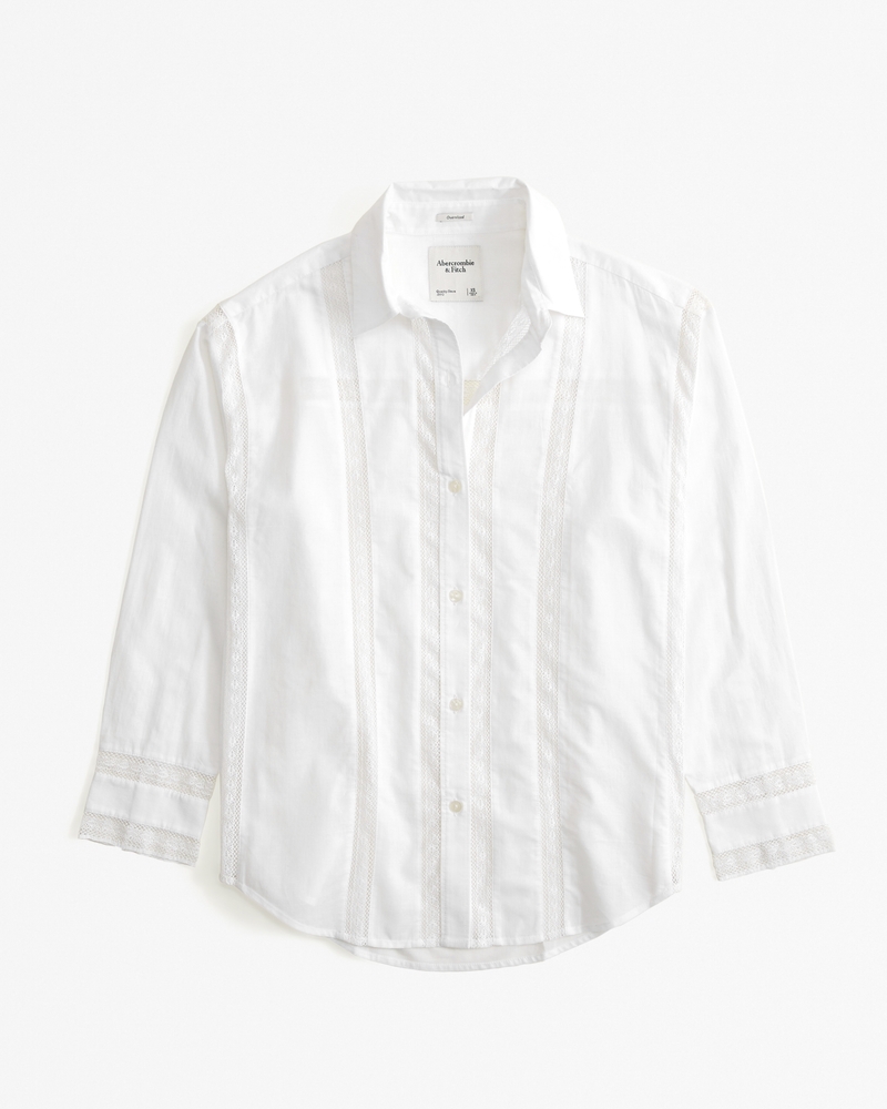 Women's Oversized Lace-Trim Embroidered Button-Up Shirt