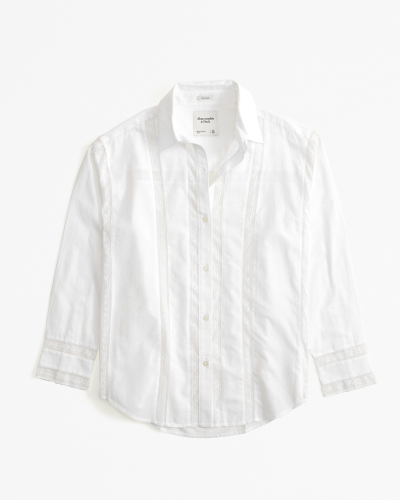 Oversized Lace Trim Embroidered Button Up Shirt