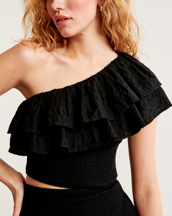 Asymmetrical One-Shoulder Ruffle Set Top, Black