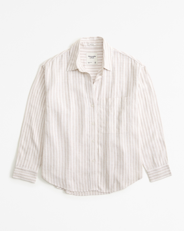 Oversized Linen-Blend Step Hem Shirt, Brown Stripe