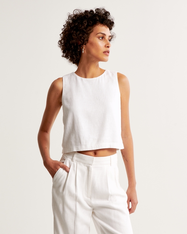 Linen-Blend High-Neck Set Top, White