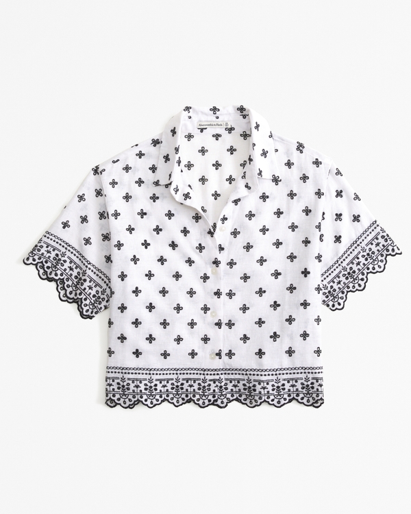 Short-Sleeve Linen-Blend Embroidered Shirt, White Pattern