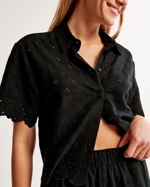 Short-Sleeve Scallop-Hem Shirt, Black