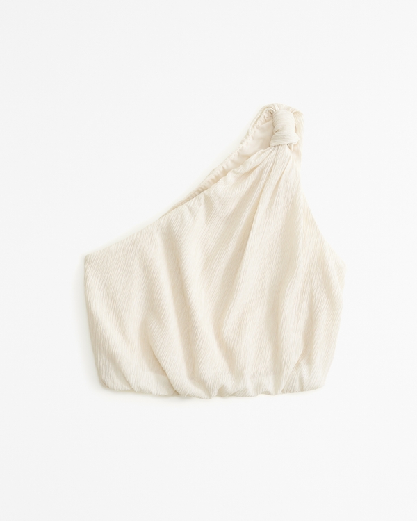 Asymmetrical One-Shoulder Knotted Crinkle Set Top, Warm Beige
