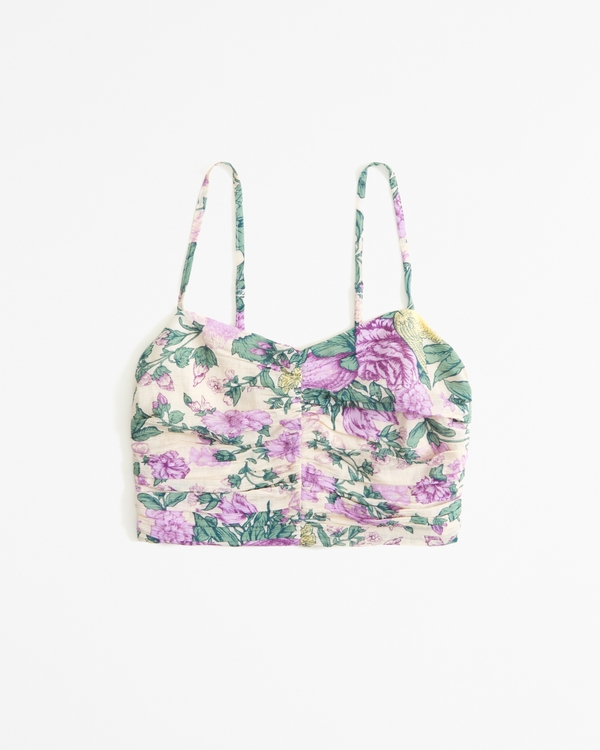 Crinkle Textured Ruched Set Top, Purple Floral