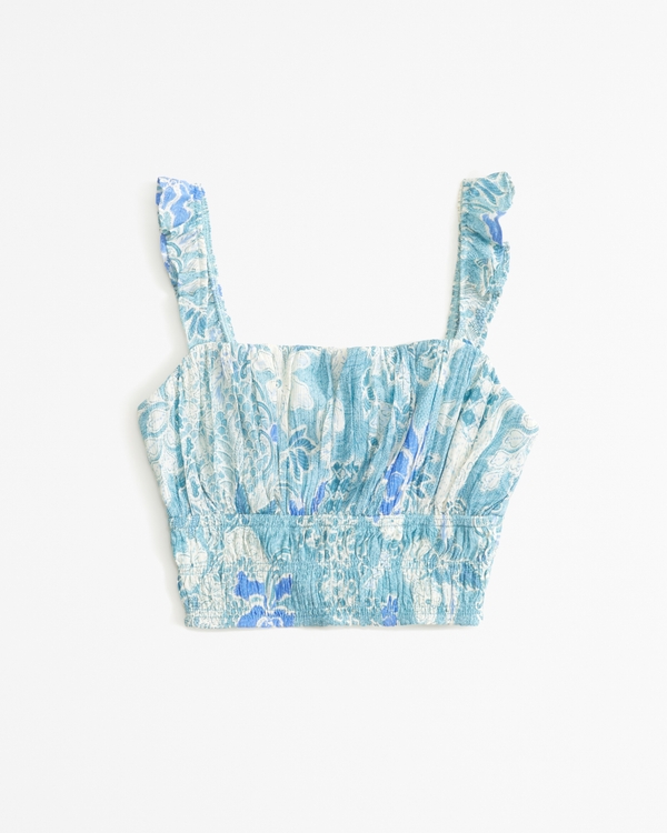 Crinkle Textured Ruffle Set Top, Blue Floral