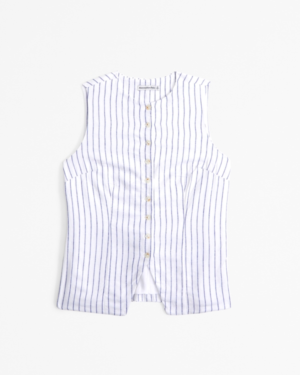 Linen-Blend Button-Through Vest, Blue Stripe