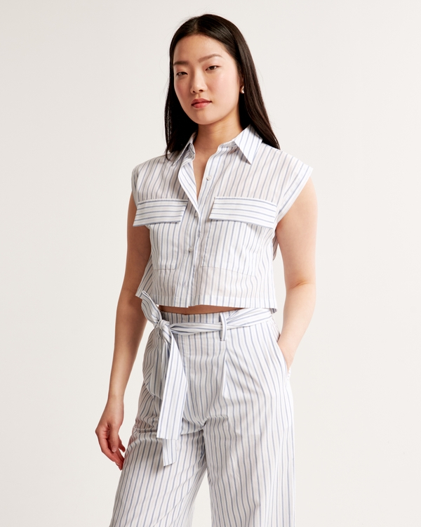 Cropped Sleeveless Utility Shirt, White Stripe