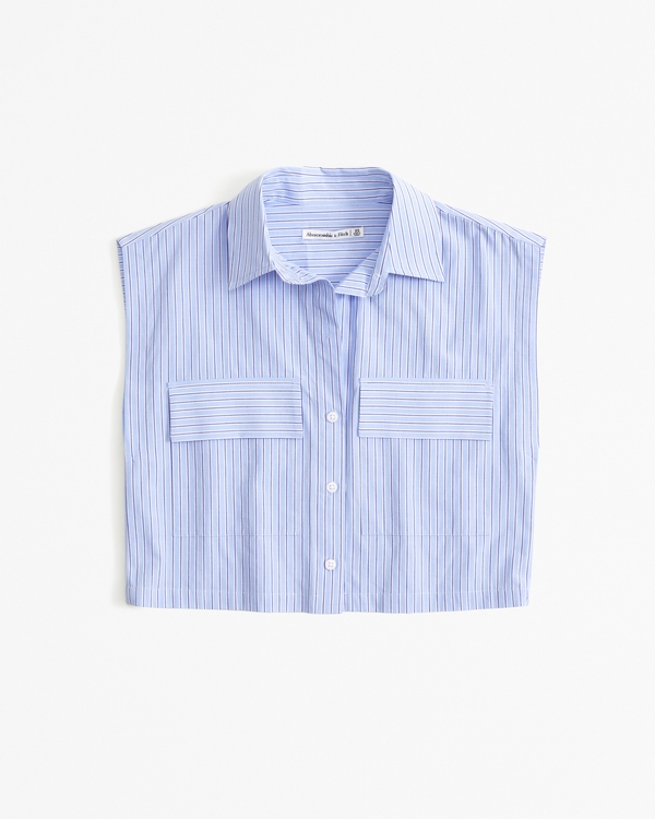 Cropped Sleeveless Utility Shirt, Light Blue Stripe
