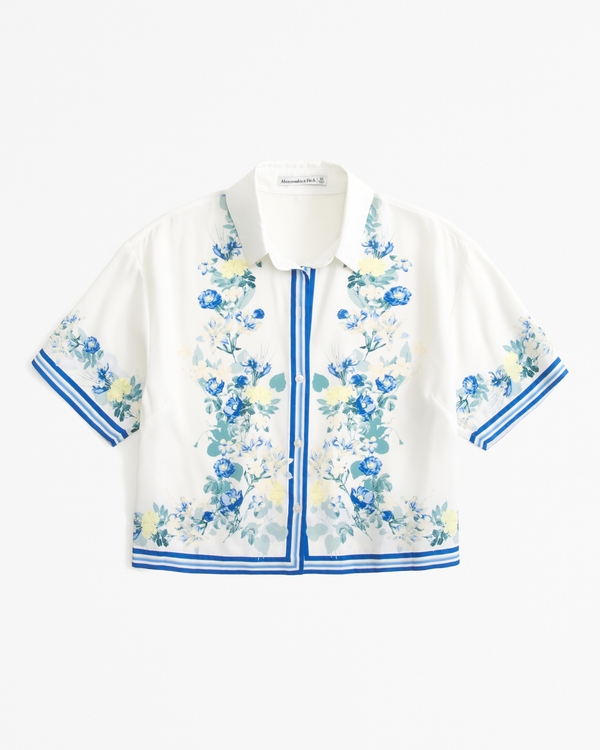 Faux Silk Short-Sleeve Shirt, White Floral