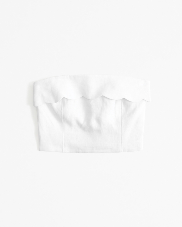 Premium Linen Strapless Scallop Set Top, White