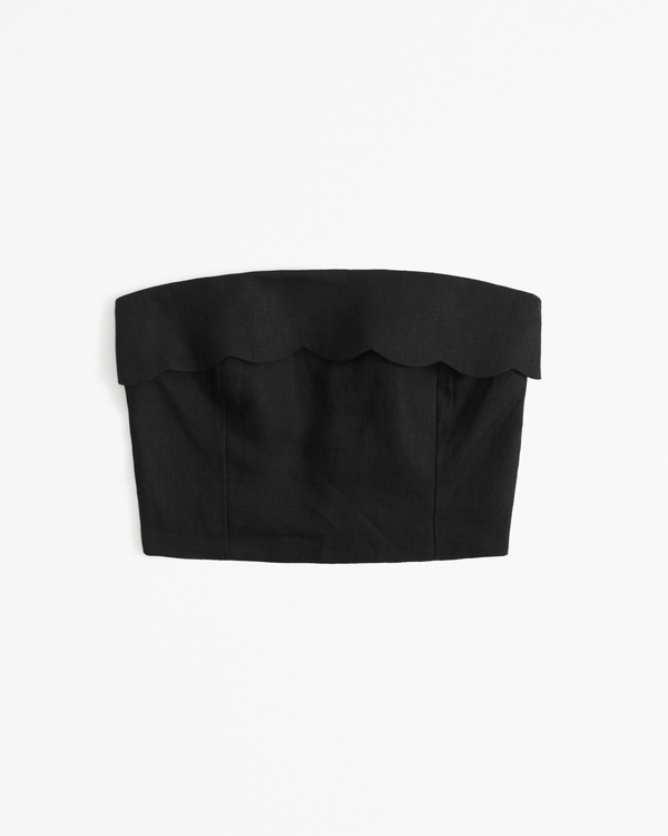 Premium Linen Strapless Scallop Set Top, Black