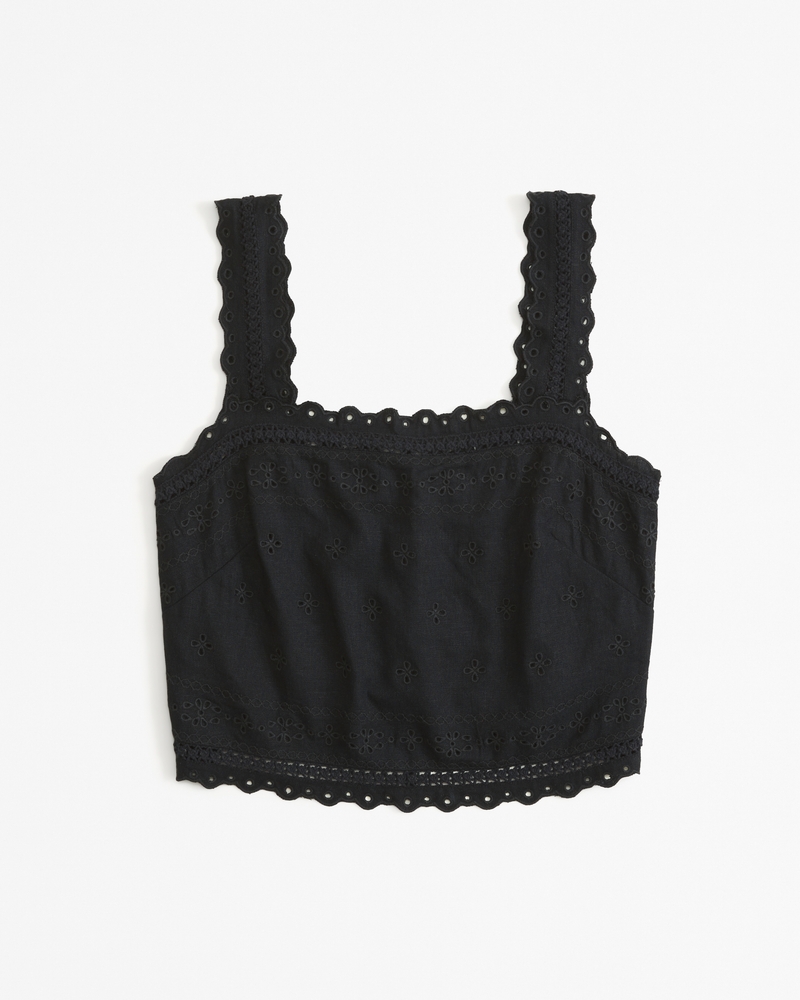 Women's LinenBlend TieBack Embroidered Set Top Women's Tops