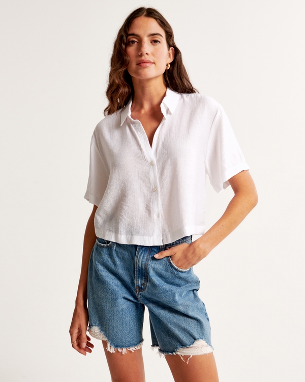 Short-Sleeve Crinkle Textured Shirt, White
