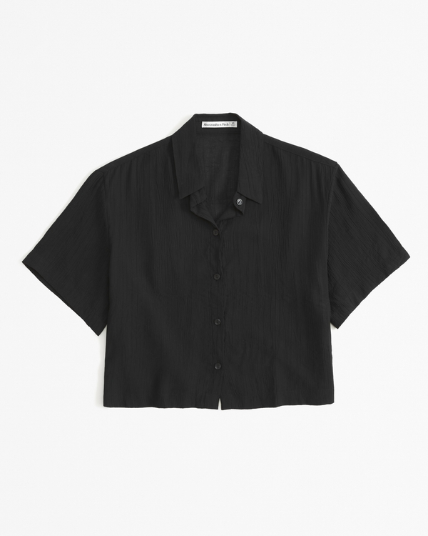 Short-Sleeve Crinkle Textured Shirt, Black