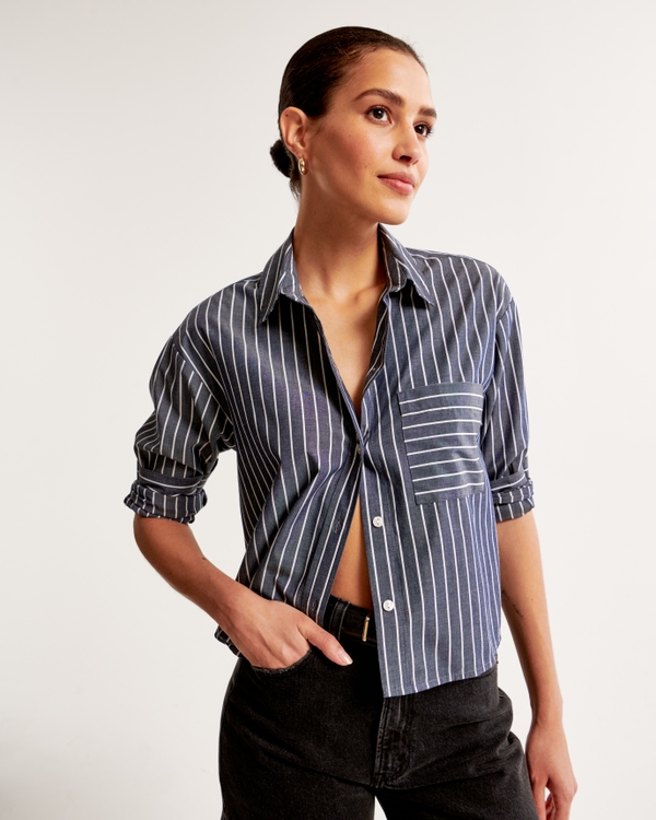 Oversized Cropped Poplin Shirt, Blue Stripe
