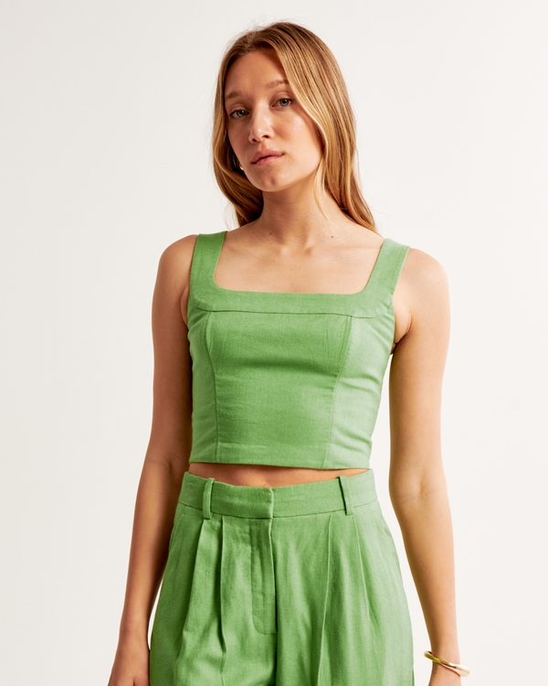 Linen-Blend Set Top, Green