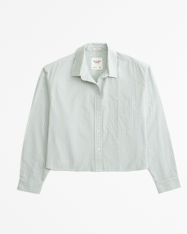 Oversized Cropped Poplin Shirt, Green Stripe