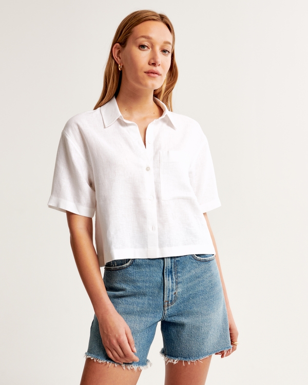 Short-Sleeve Linen-Blend Shirt, White