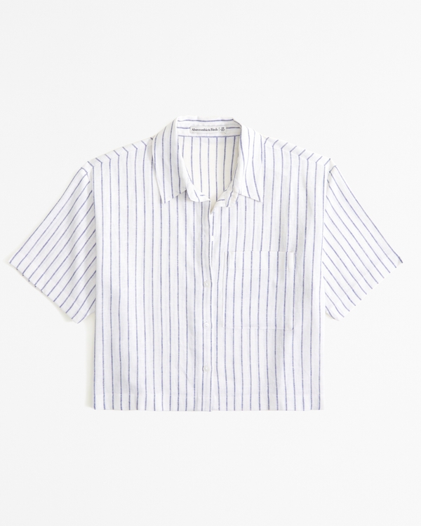 Short-Sleeve Linen-Blend Shirt, White And Blue Stripe
