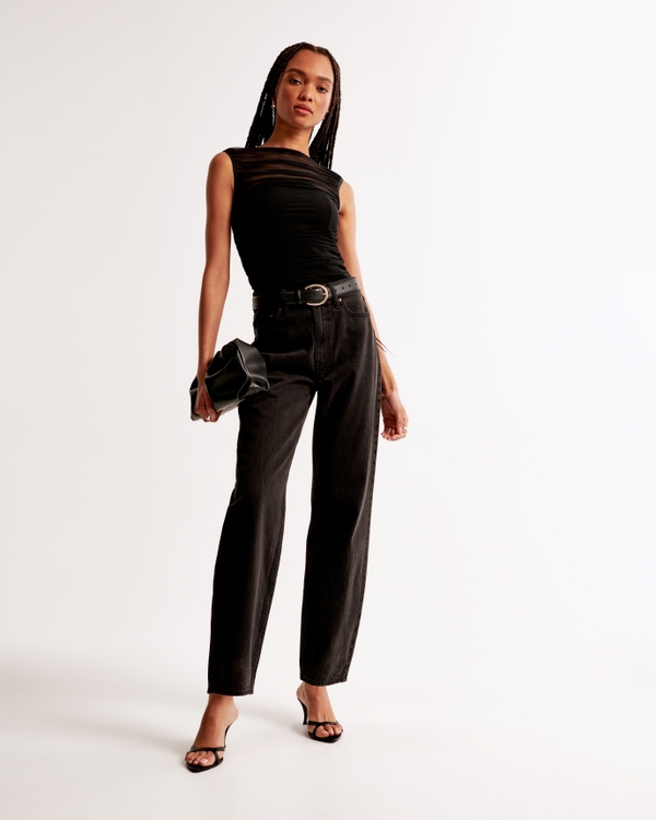 Ruched Mesh Boatneck Bodysuit