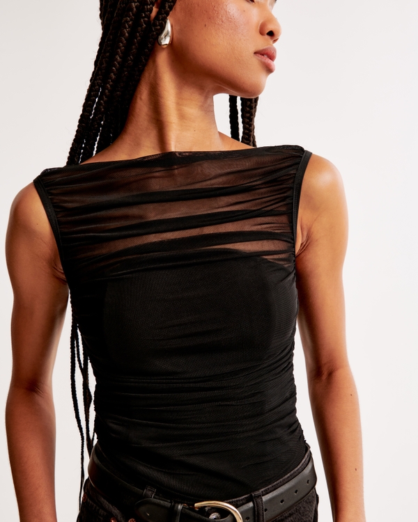 Ruched Mesh Boatneck Bodysuit