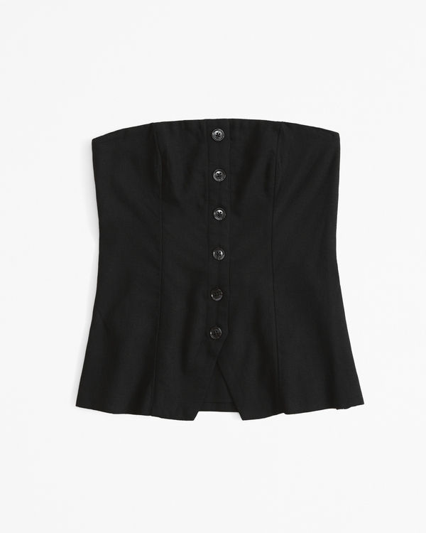 Strapless Linen-Blend Button-Through Top, Black
