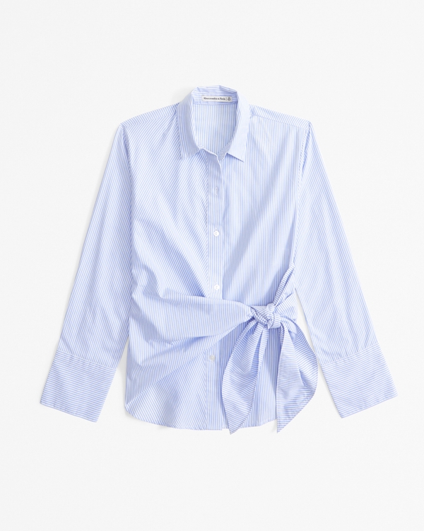 Long-Sleeve Relaxed Side-Tie Shirt, Blue Stripe