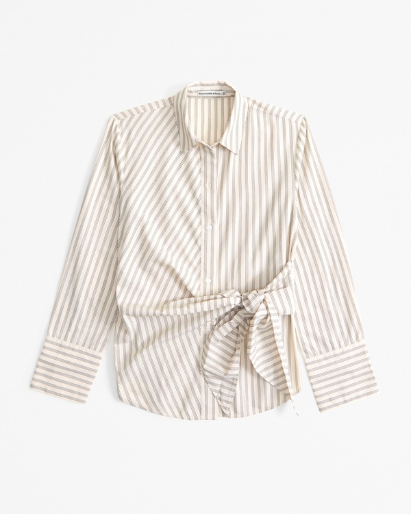 Long-Sleeve Relaxed Side-Tie Shirt, Cream Stripe