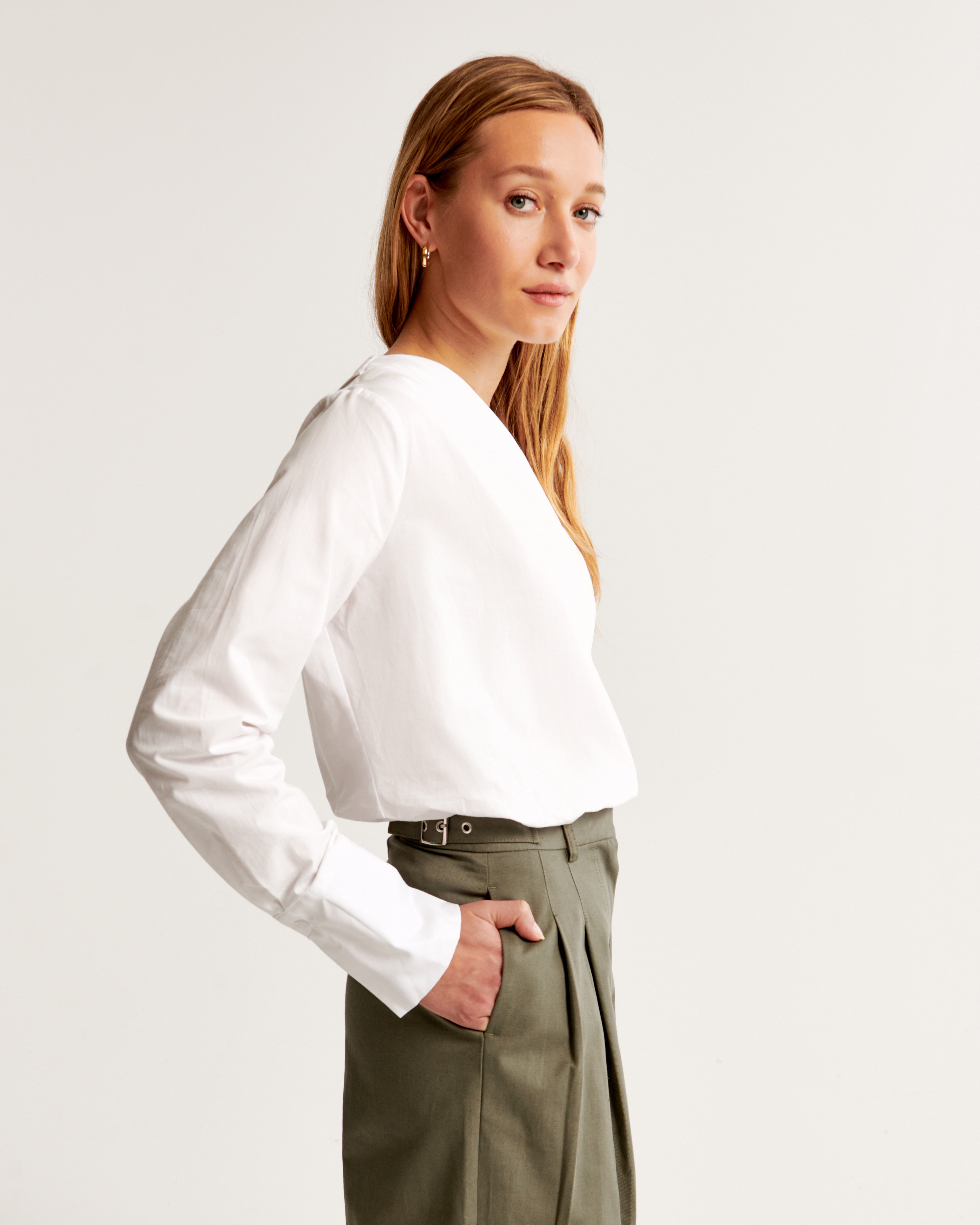 Women's Long-Sleeve One-Shoulder Asymmetrical Poplin Top