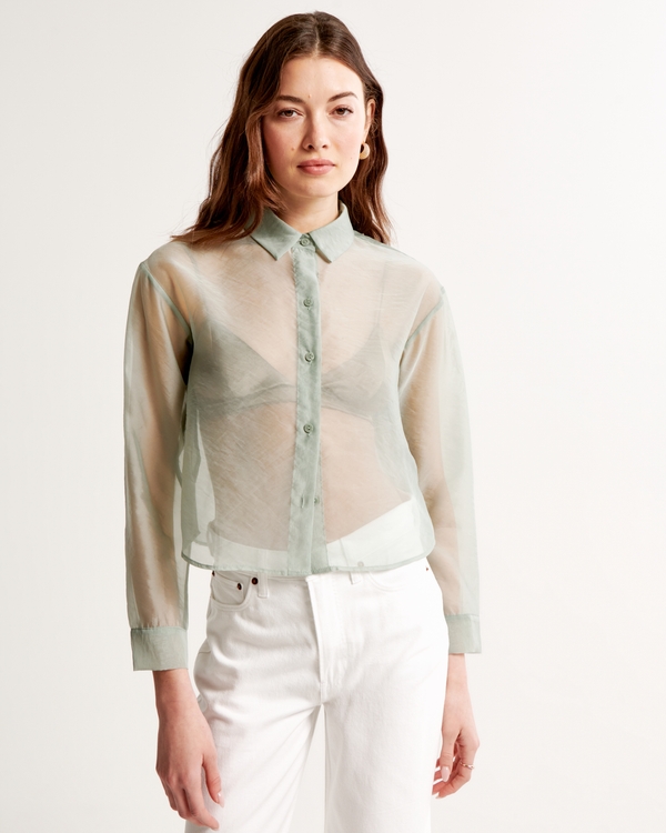 Long-Sleeve Sheer Shirt, Green