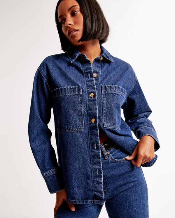 Oversized Denim Shirt, Dark Wash