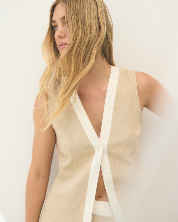 Linen-Blend Colorblock Vest, Tan