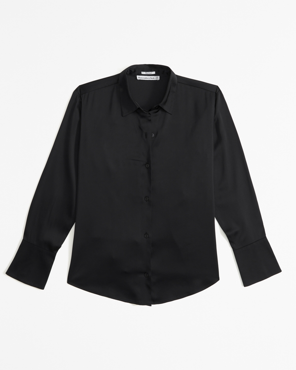 Oversized Long-Sleeve Satin Button-Up Shirt, Black