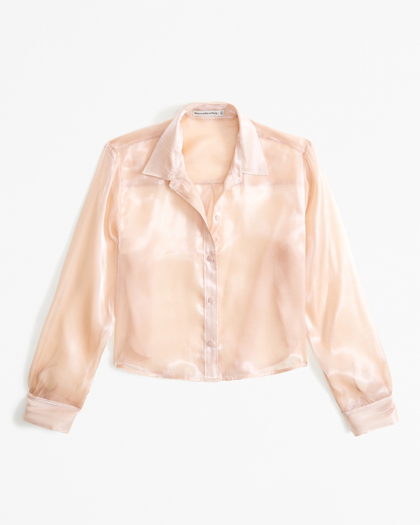 Oversized Long-Sleeve Organza Button-Up Shirt, Light Pink