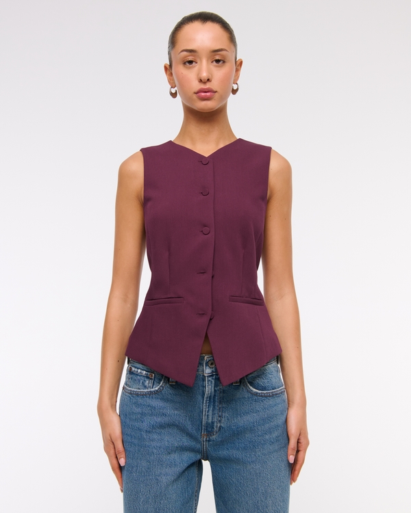 High-Neck Tailored Vest, Dark Red