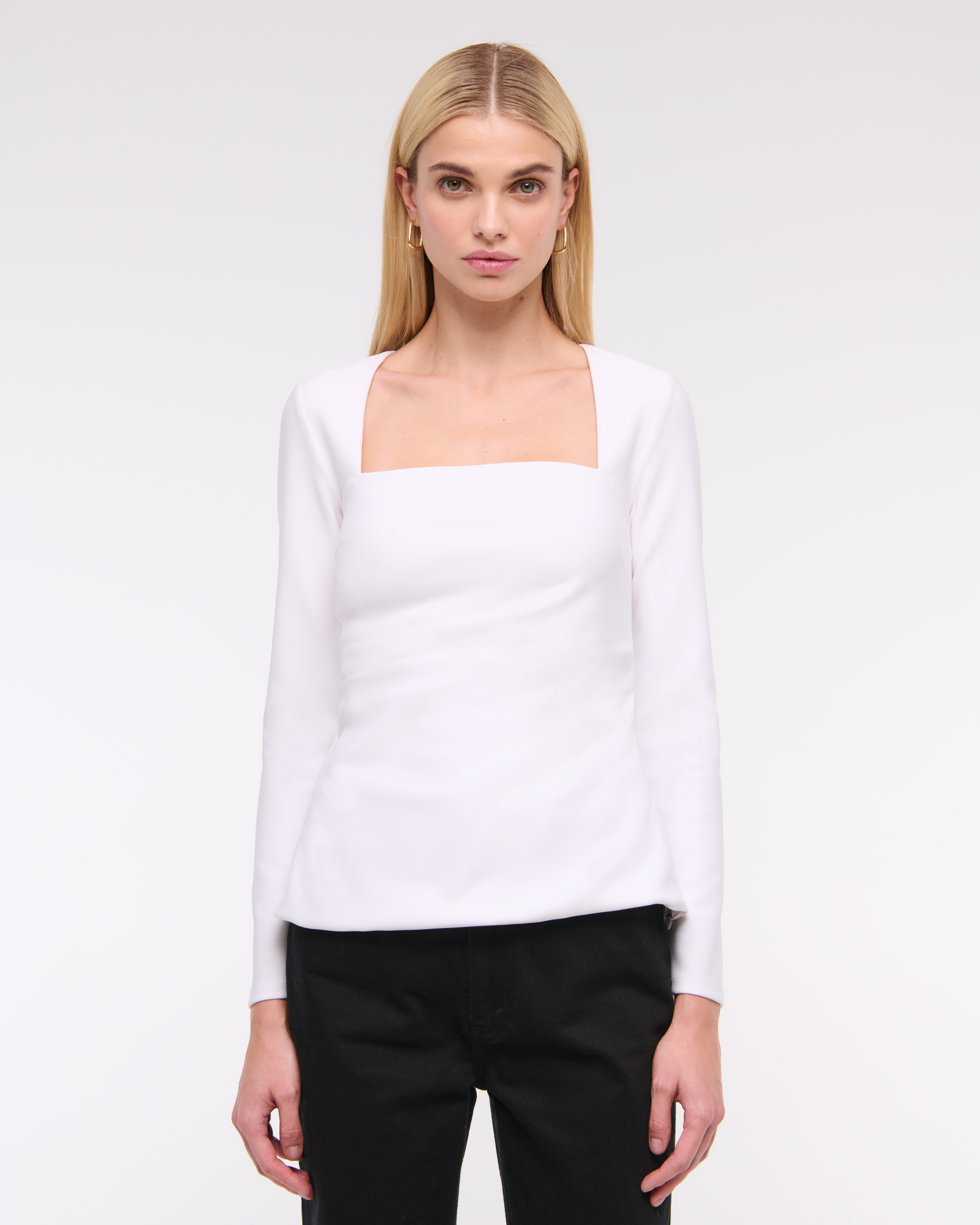 Abercrombie & Fitch Long-sleeve Stretch Crepe Portrait Top In White