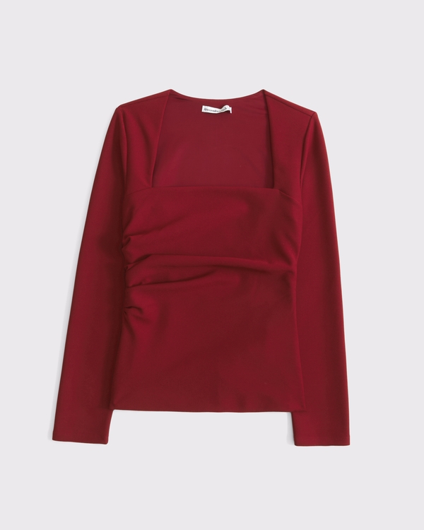 Long-Sleeve Stretch Crepe Portrait Top, Burgundy view 1
