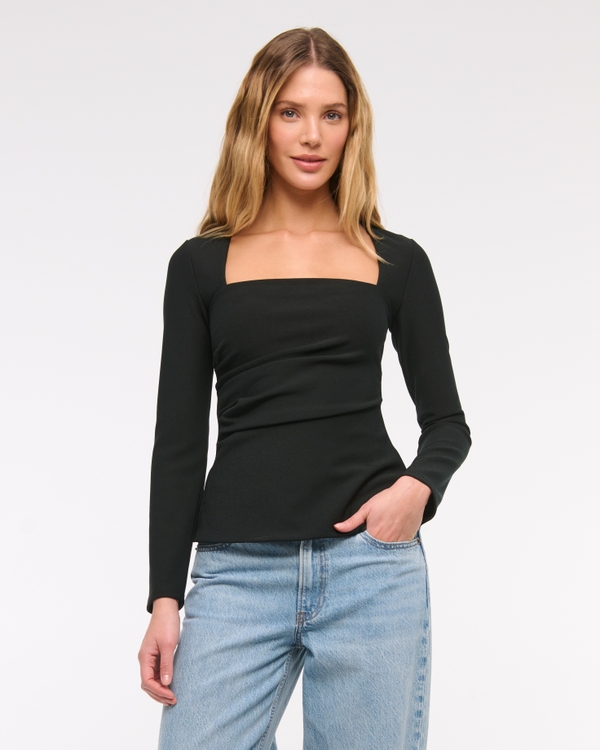 Long-Sleeve Stretch Crepe Portrait Top, Black view 1
