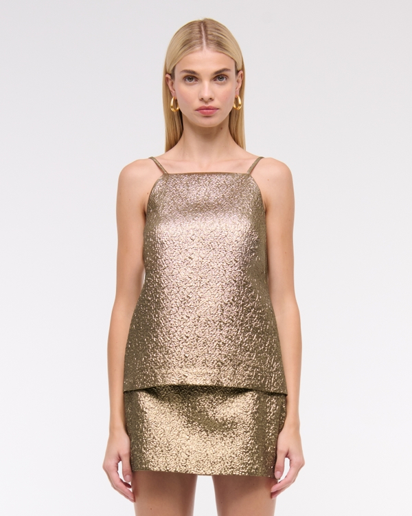 High-Neck Metallic Long-Length Top, Gold Metallic