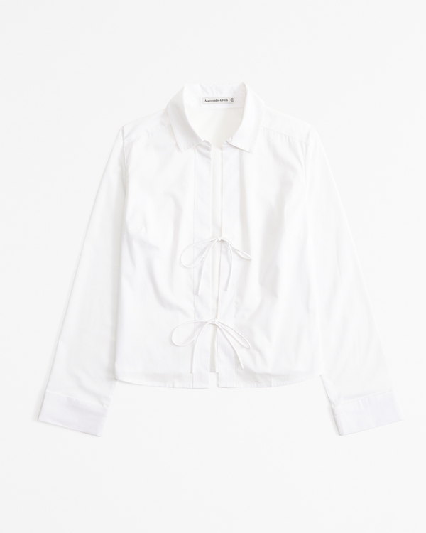 Long-Sleeve Poplin Tie-Front Shirt, White