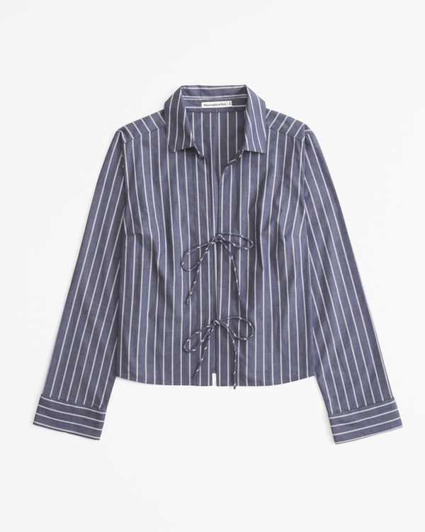 Long-Sleeve Poplin Tie-Front Shirt, Blue Stripe