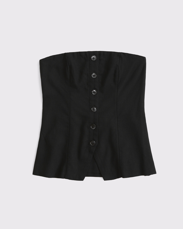 The A&F Mara Strapless Linen-Blend Button-Through Top, Black view 1